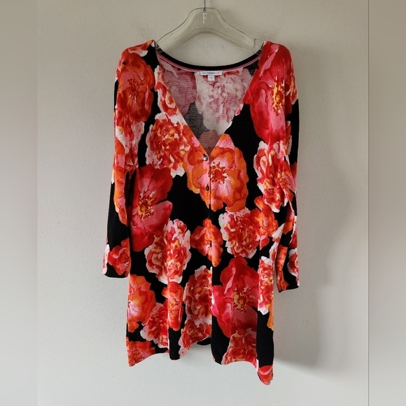 ISAAC MIZRAHI | Floral cardigan button down orange red black sz Large - Picture 1 of 5